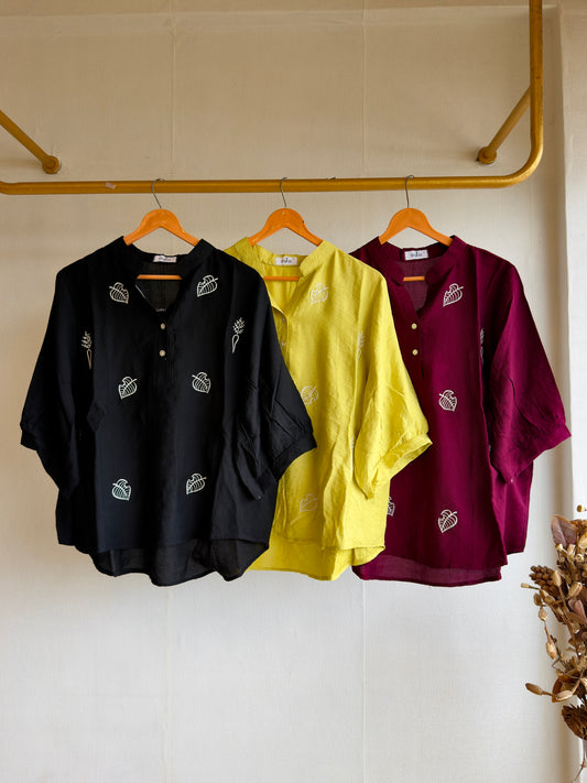 CASUAL LEAF CARROT EMBROIDERY LONG  TOP