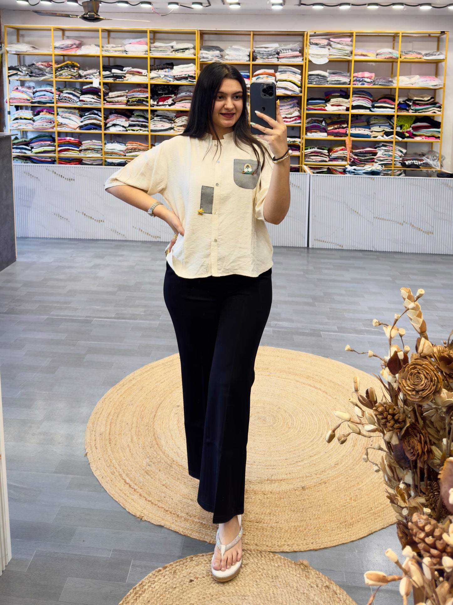 CHEX POCKET CASUAL TOP  WITH BELL BOTTOM TROUSER PANT SET