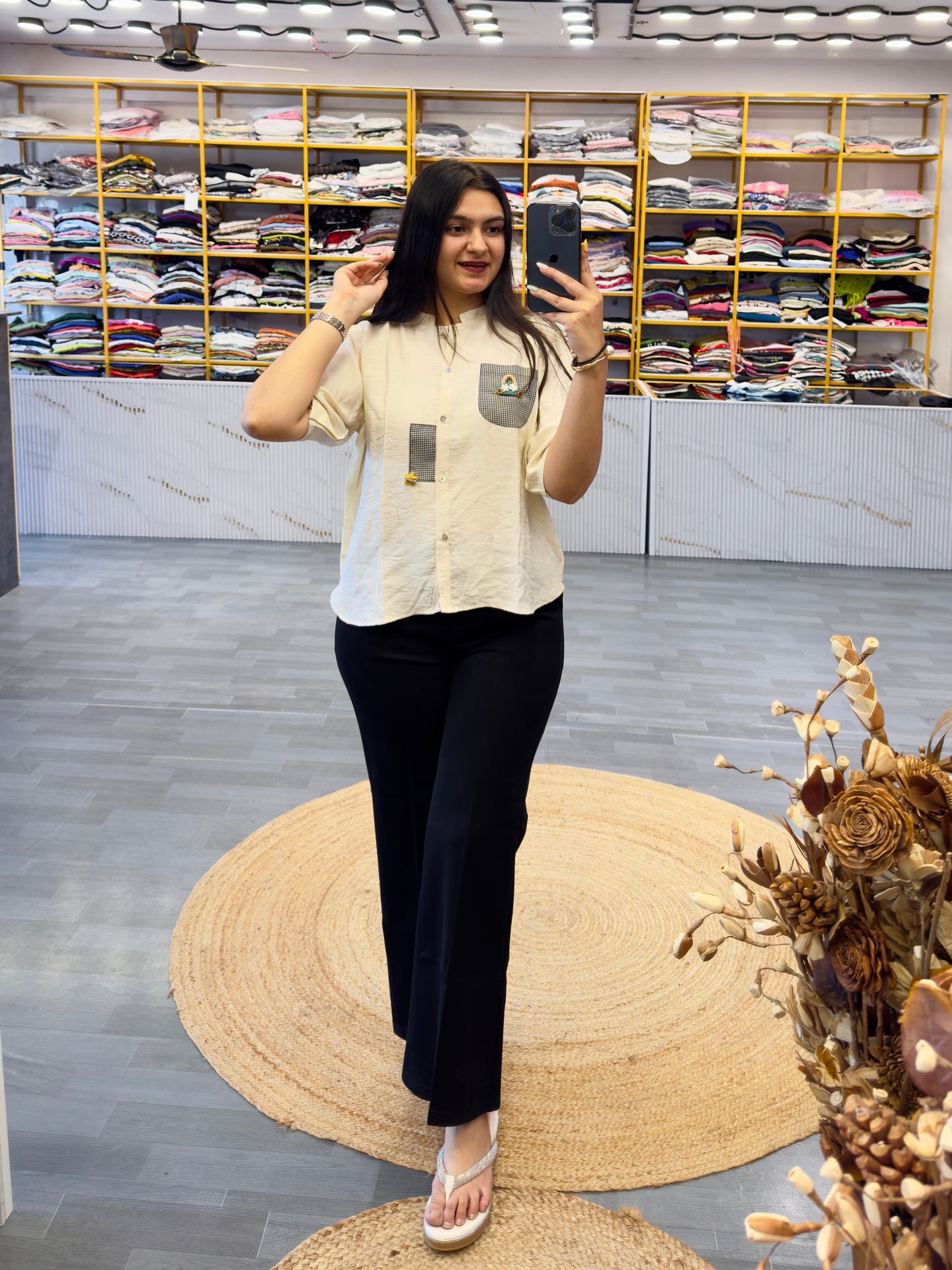 CHEX POCKET CASUAL TOP  WITH BELL BOTTOM TROUSER PANT SET