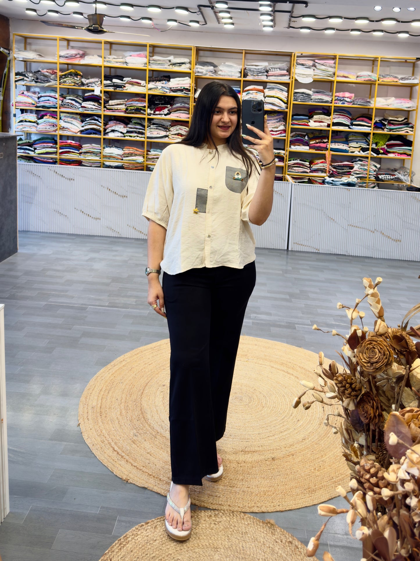 CHEX POCKET CASUAL TOP  WITH BELL BOTTOM TROUSER PANT SET
