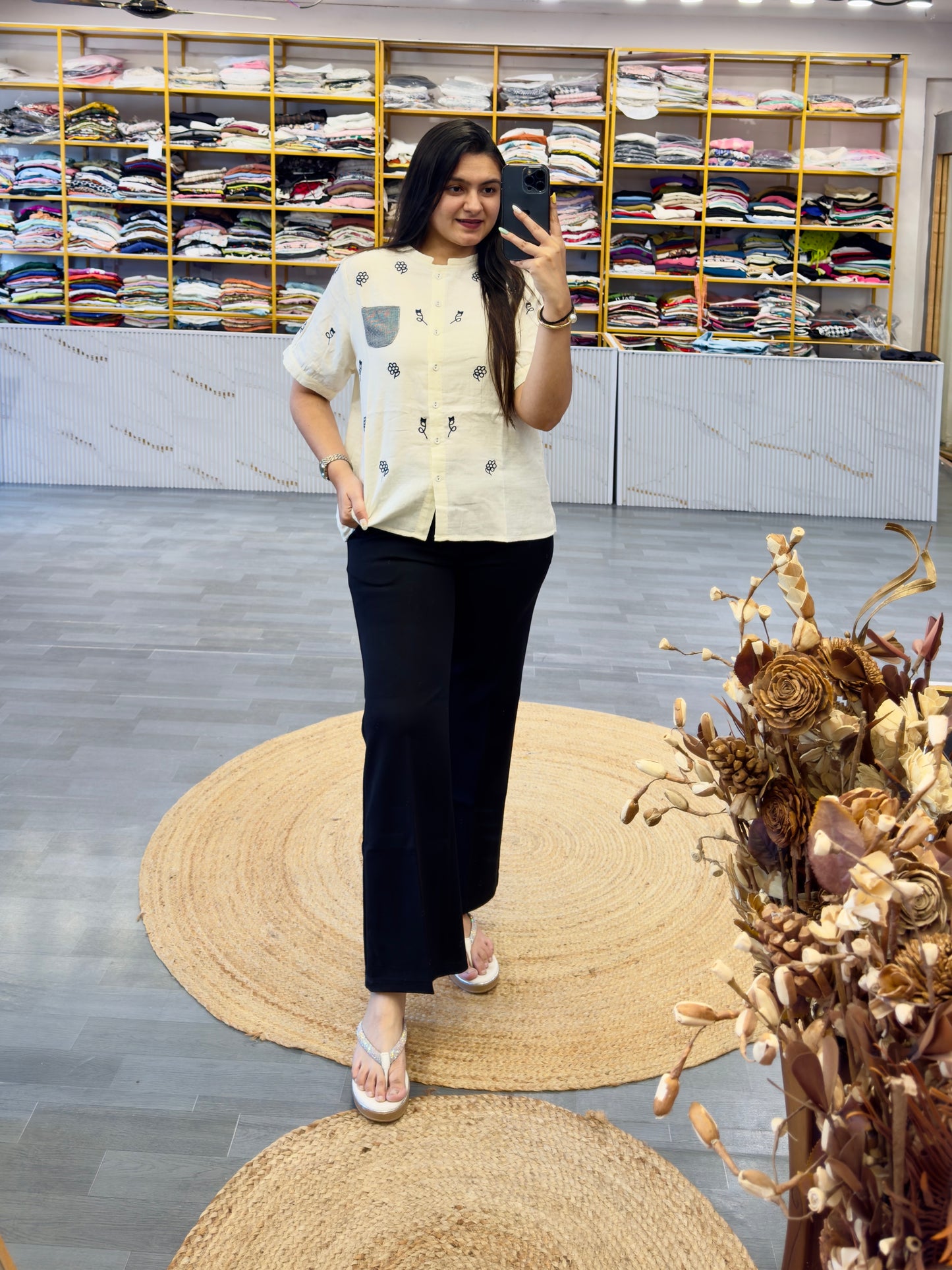 MUL COTTON EMBROIDERY TOP  WITH BELL BOTTOM TROUSER PANT SET