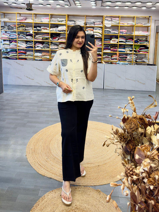 MUL COTTON EMBROIDERY TOP  WITH BELL BOTTOM TROUSER PANT SET