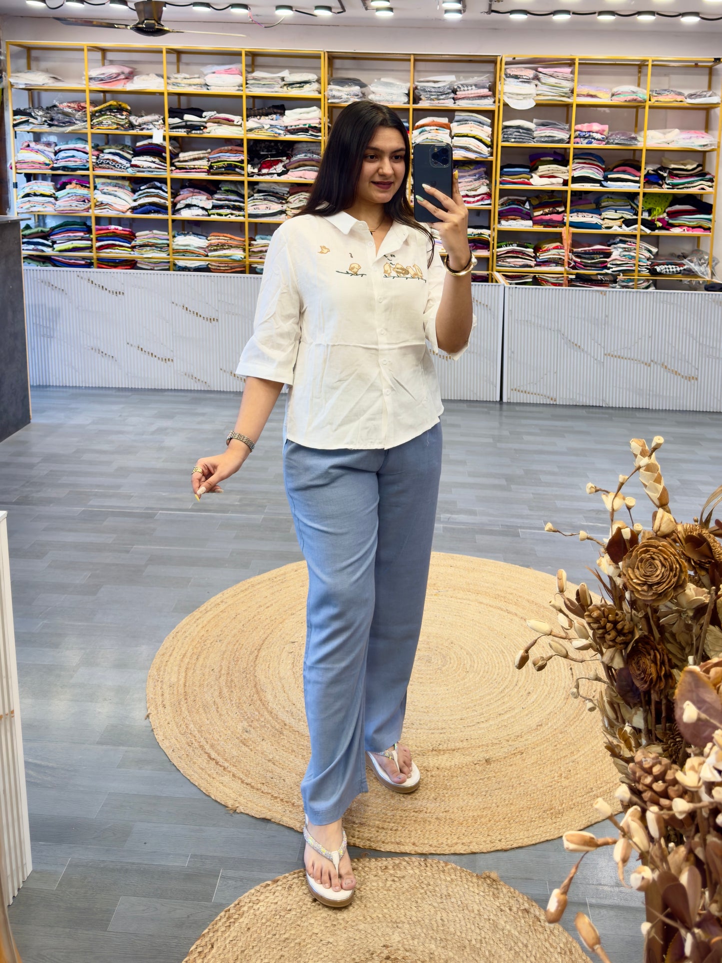 EMBROIDERY MUL COTTON SHIRT WITH LINEN PANT SET