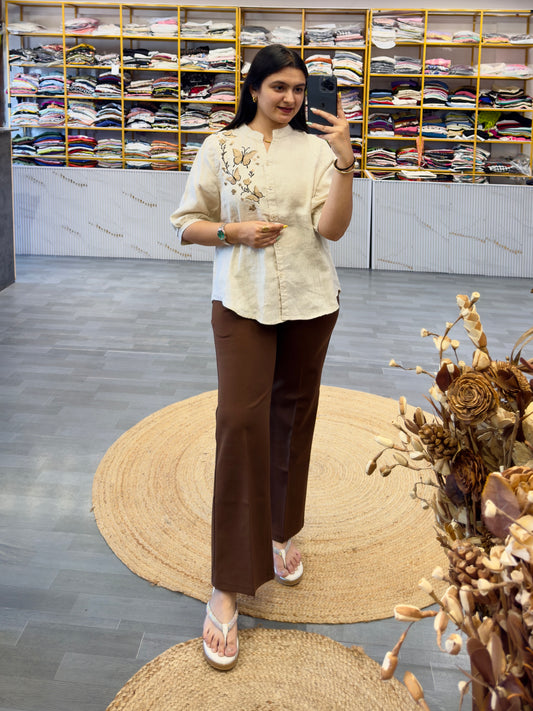 BUTTERFLY LINEN  EMBROIDERY TOP  WITH BELL BOTTOM TROUSER PANT SET