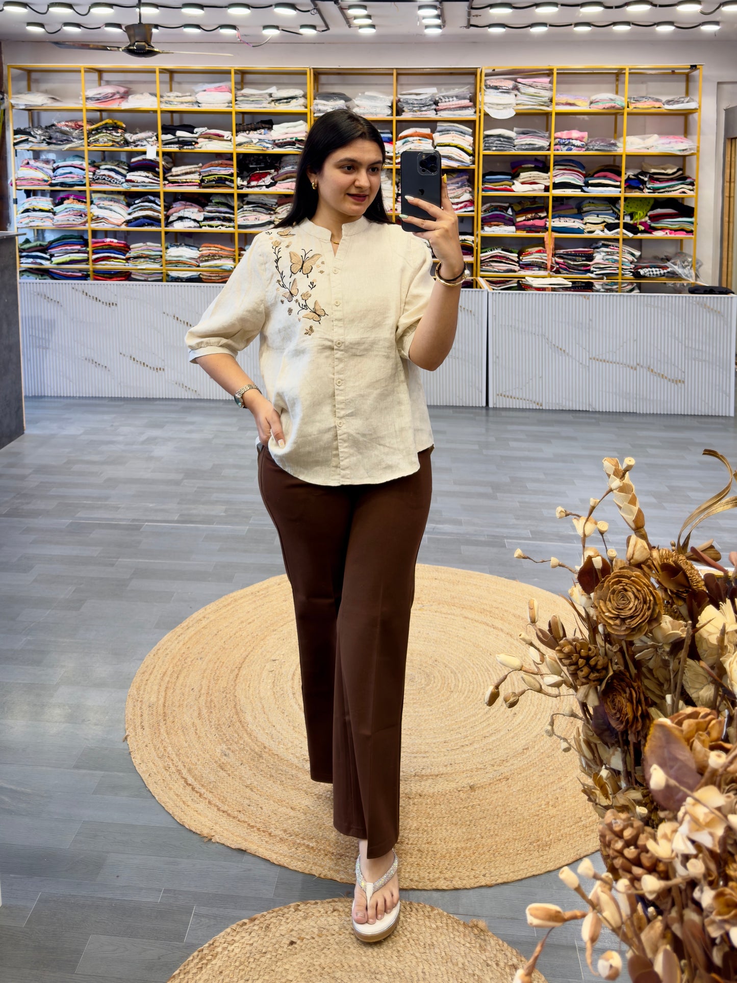 BUTTERFLY LINEN  EMBROIDERY TOP  WITH BELL BOTTOM TROUSER PANT SET