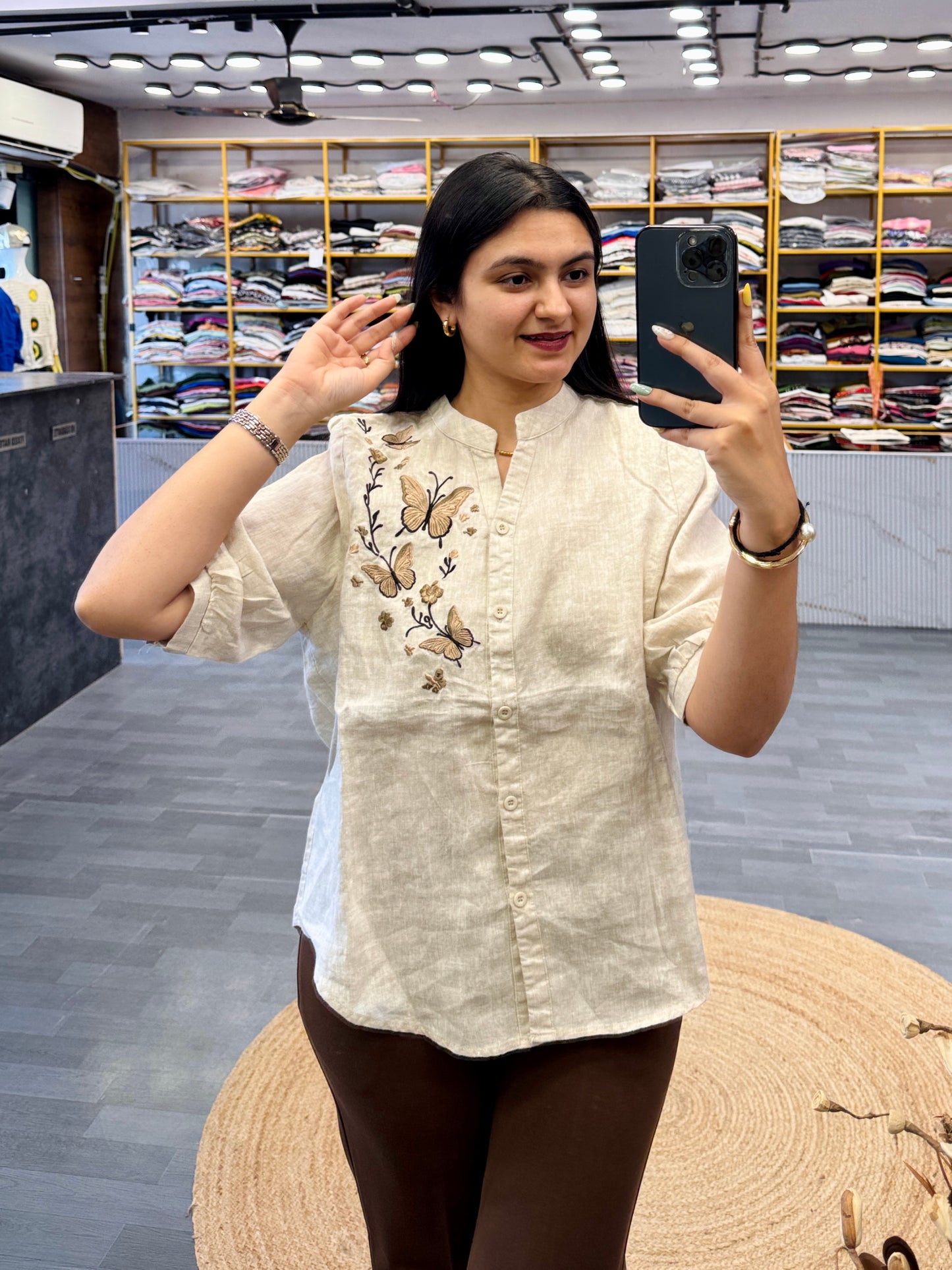 BUTTERFLY LINEN  EMBROIDERY TOP  WITH BELL BOTTOM TROUSER PANT SET