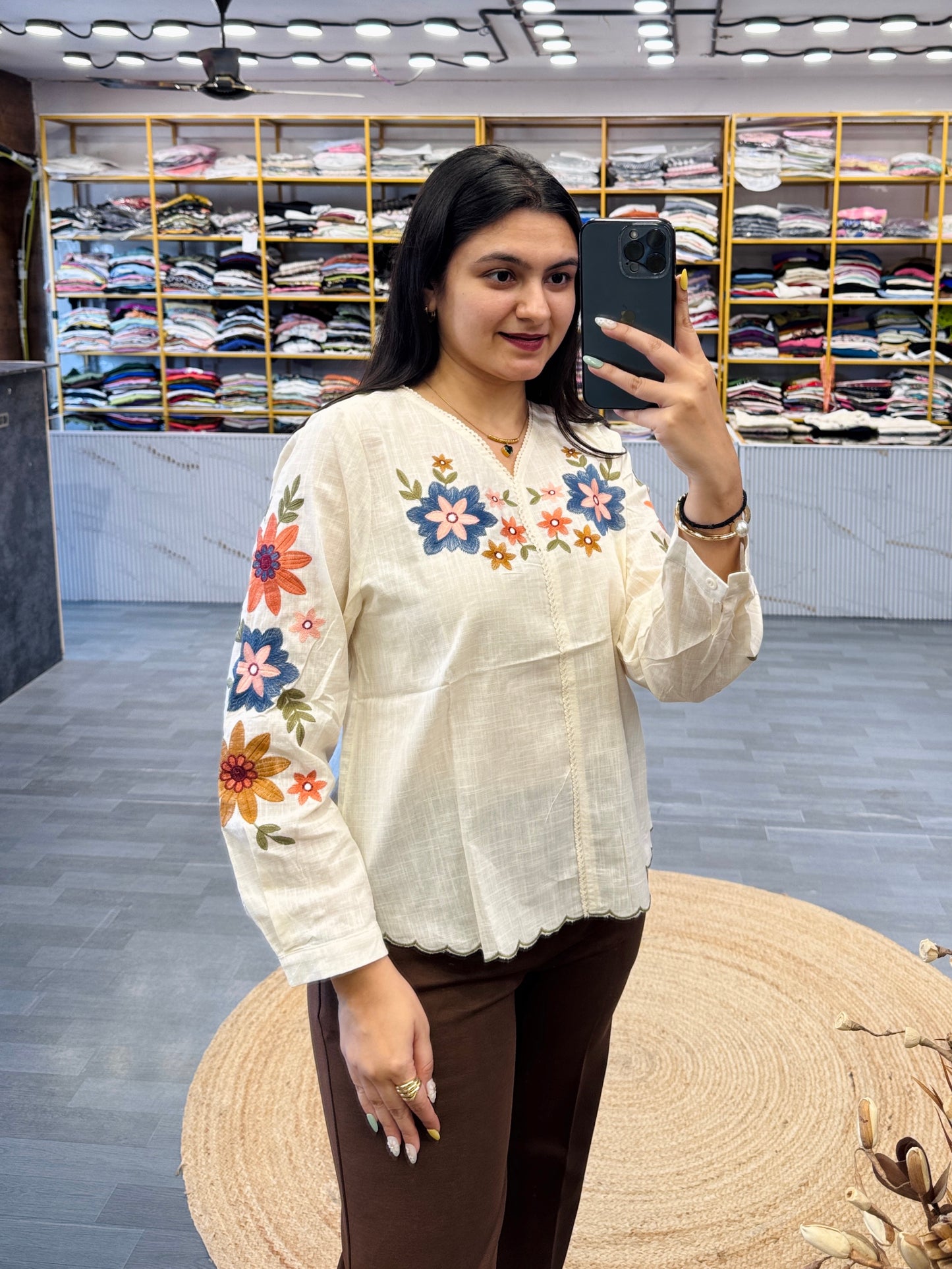 COTTON EMBROIDERY TOP  WITH BELL BOTTOM TROUSER PANT SET