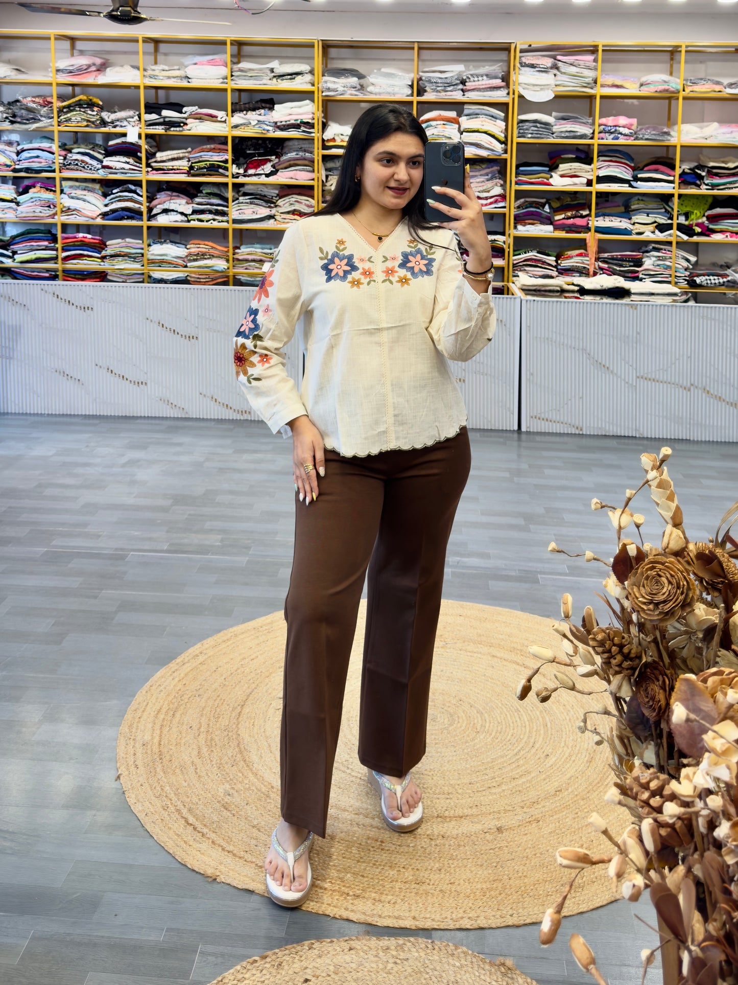 COTTON EMBROIDERY TOP  WITH BELL BOTTOM TROUSER PANT SET