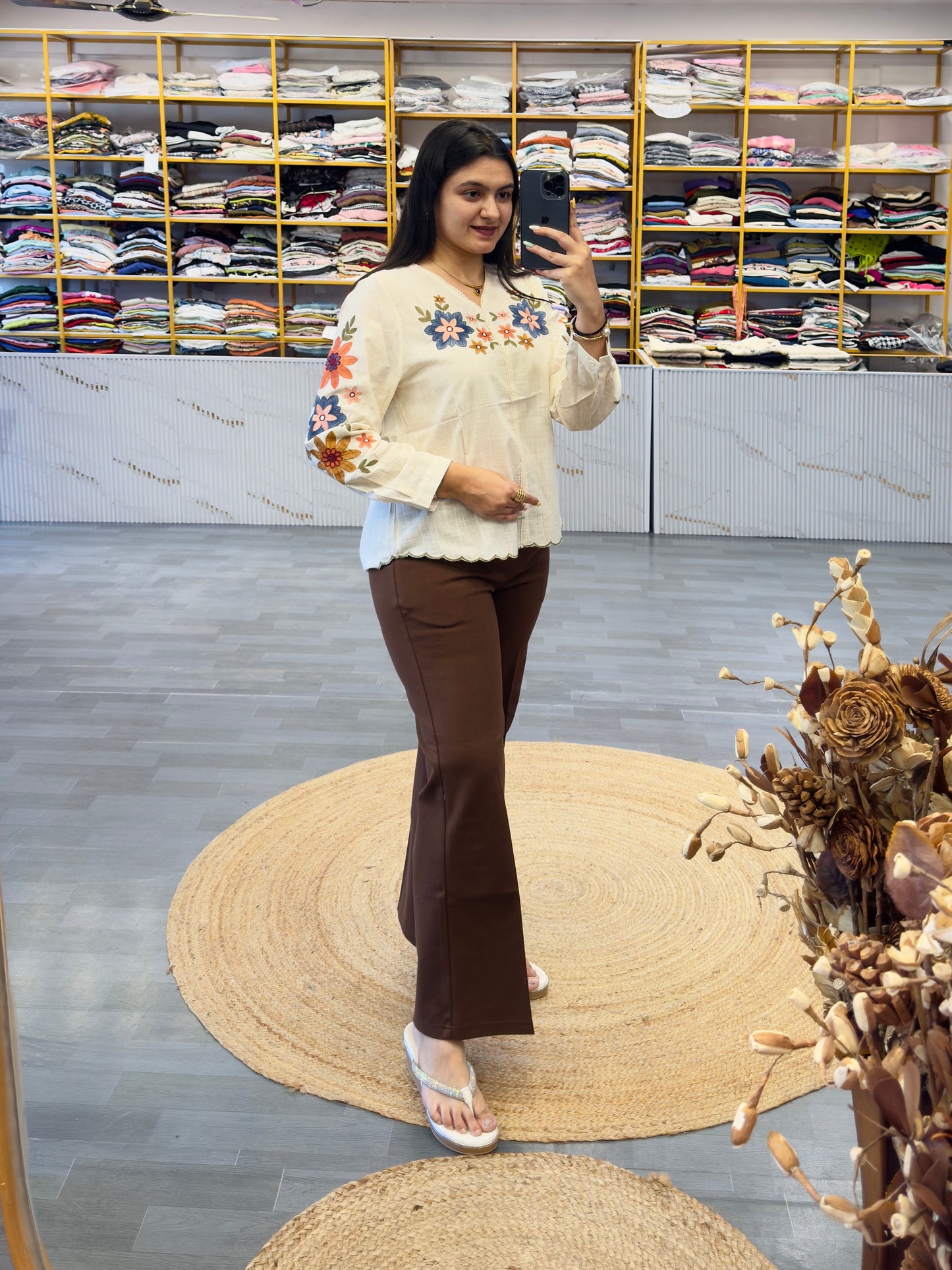 COTTON EMBROIDERY TOP  WITH BELL BOTTOM TROUSER PANT SET