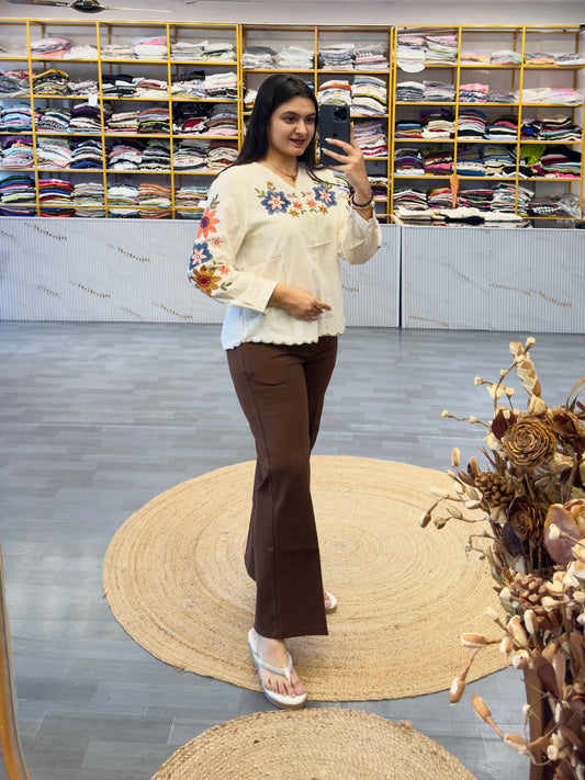 COTTON EMBROIDERY TOP  WITH BELL BOTTOM TROUSER PANT SET