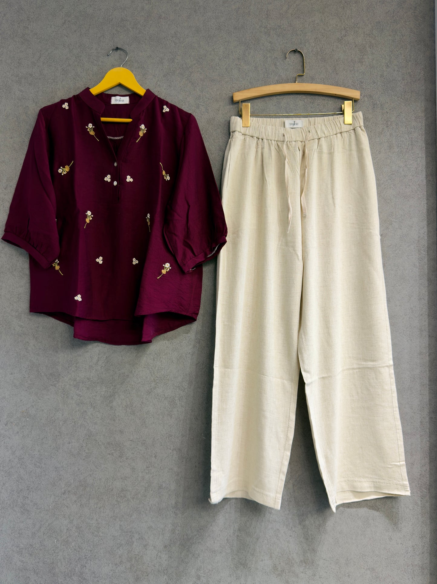 WINE  EMBROIDERY CASUAL TOP WITH LINEN PANT SET