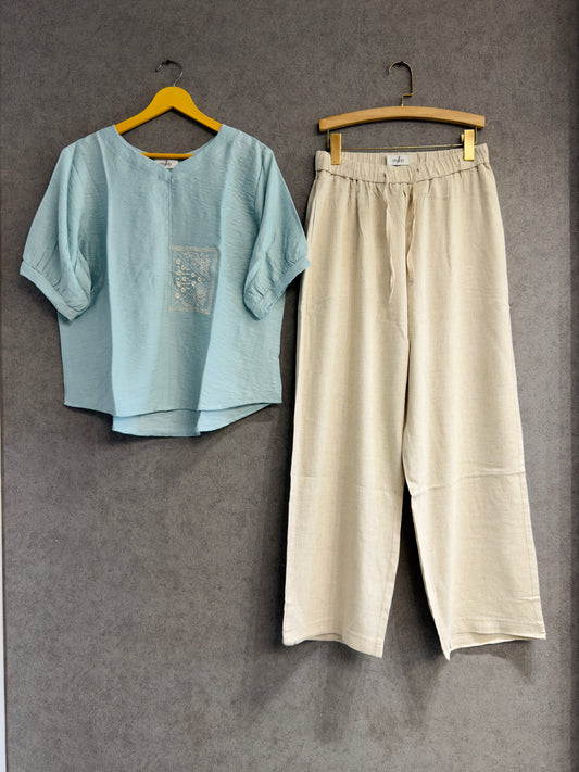 SKY BLUE  EMBROIDERY CASUAL TOP WITH LINEN PANT SET