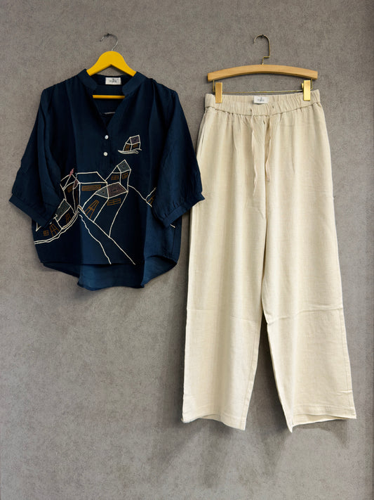 NAVY BLUE  EMBROIDERY CASUAL TOP WITH LINEN PANT SET