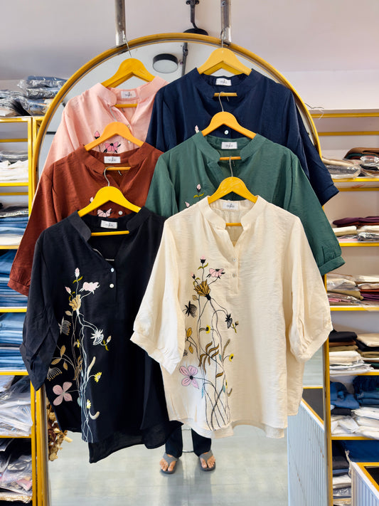 SIDE  EMBROIDERY CASUAL LONG TOP