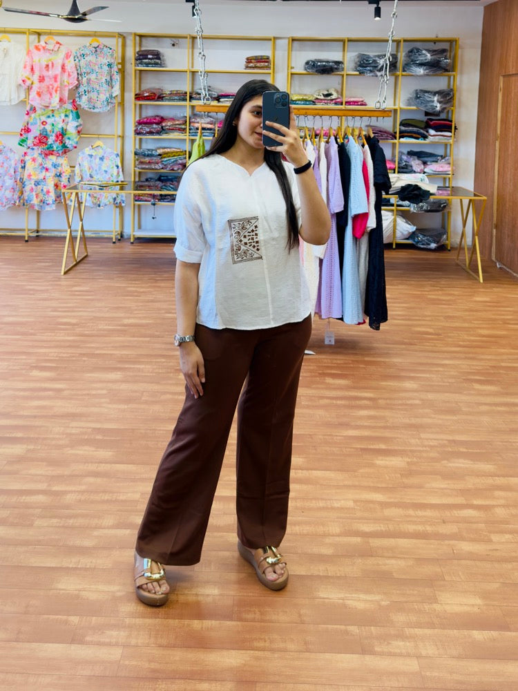 WHITE EMBROIDERY CASUAL TOP WITH BELL BOTTOM TROUSER PANT SET