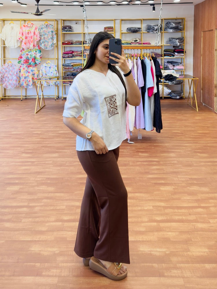 WHITE EMBROIDERY CASUAL TOP WITH BELL BOTTOM TROUSER PANT SET