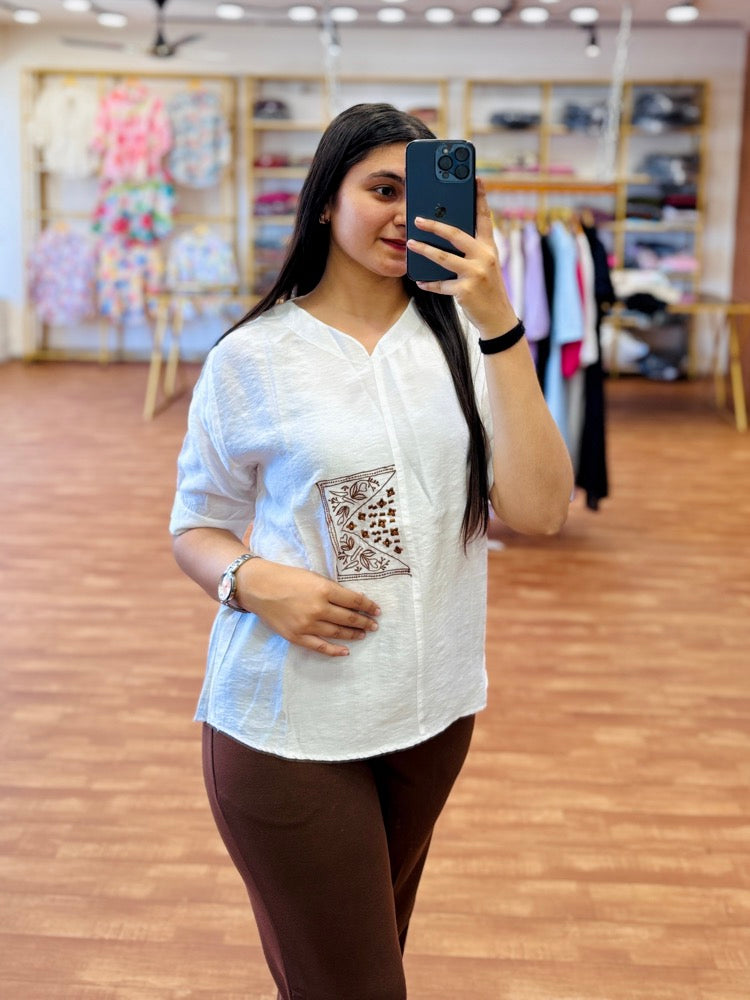 WHITE EMBROIDERY CASUAL TOP WITH BELL BOTTOM TROUSER PANT SET