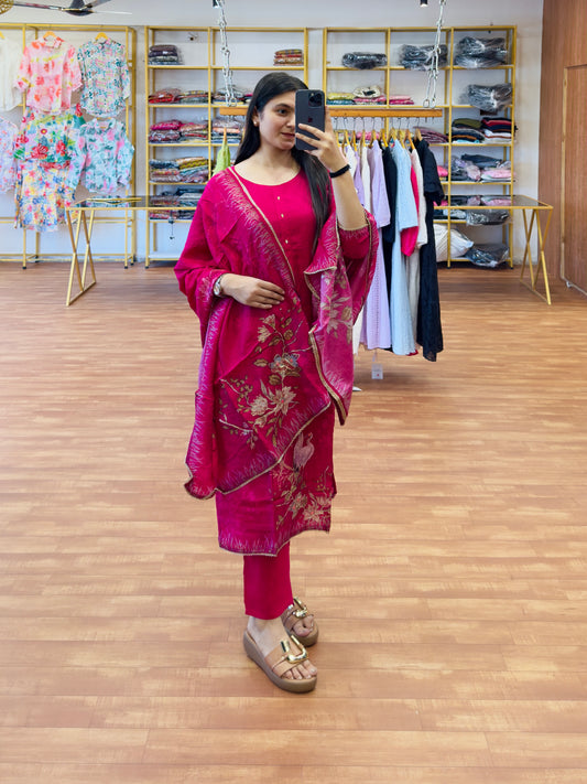PINK EMBROIDERY 3PC KURTI SET