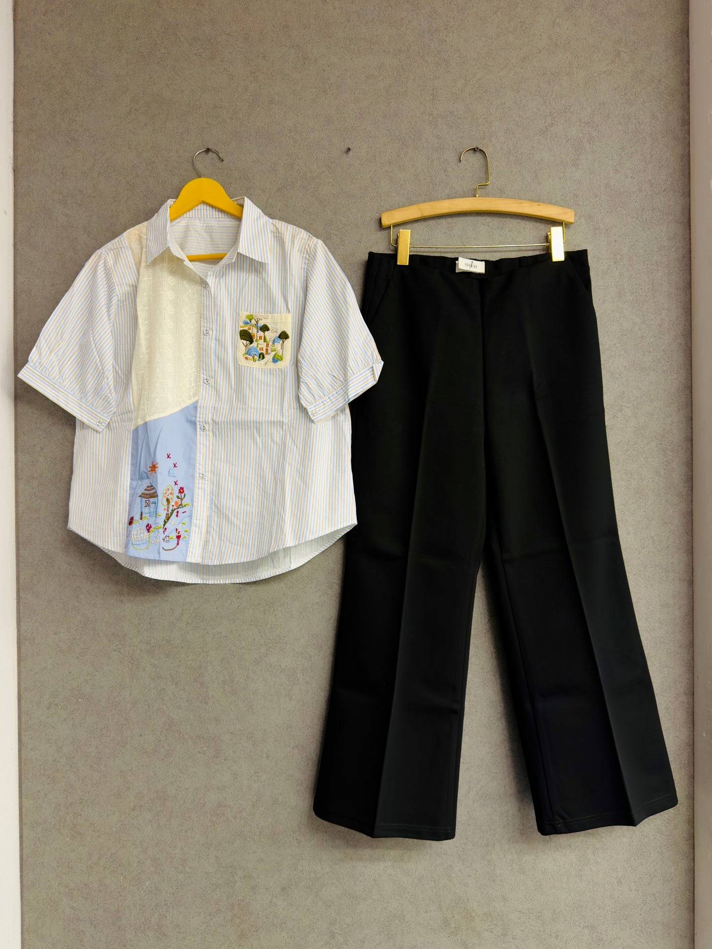 STRIPS FLOWER  EMBROIDERY SHIRT WITH BELL BOTTOM PANT SET
