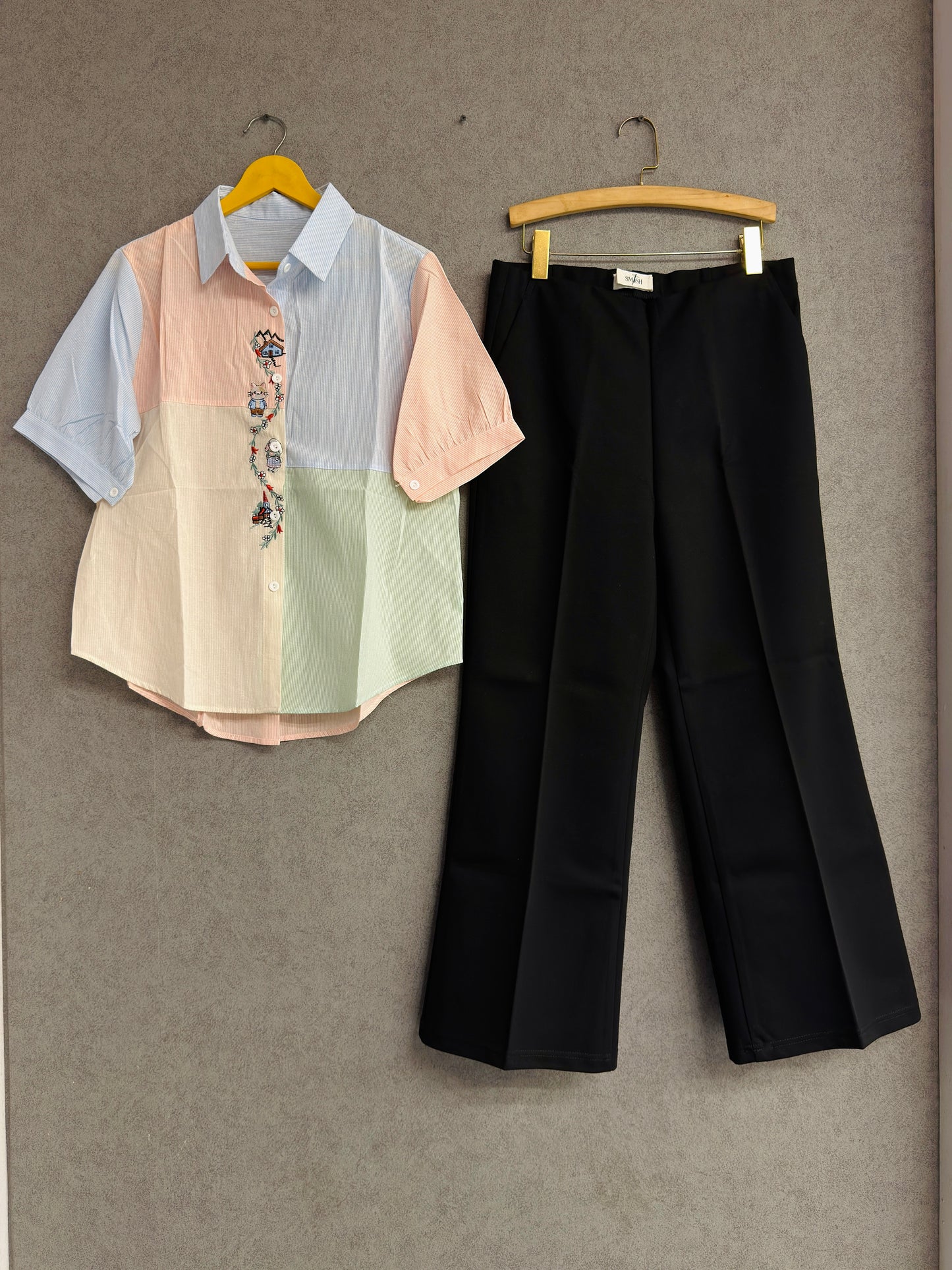 RAINBOW STRIPS RABIT EMBROIDERY COTTON SHIRT WITH BELL BOTTOM PANT SET