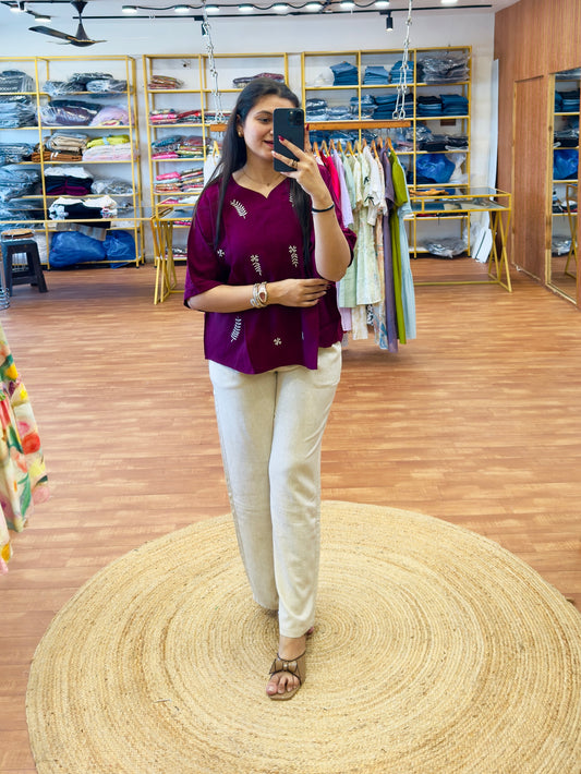 CASUAL WINE SHADE EMBROIDER TOP WITH LINEN  PANT SET
