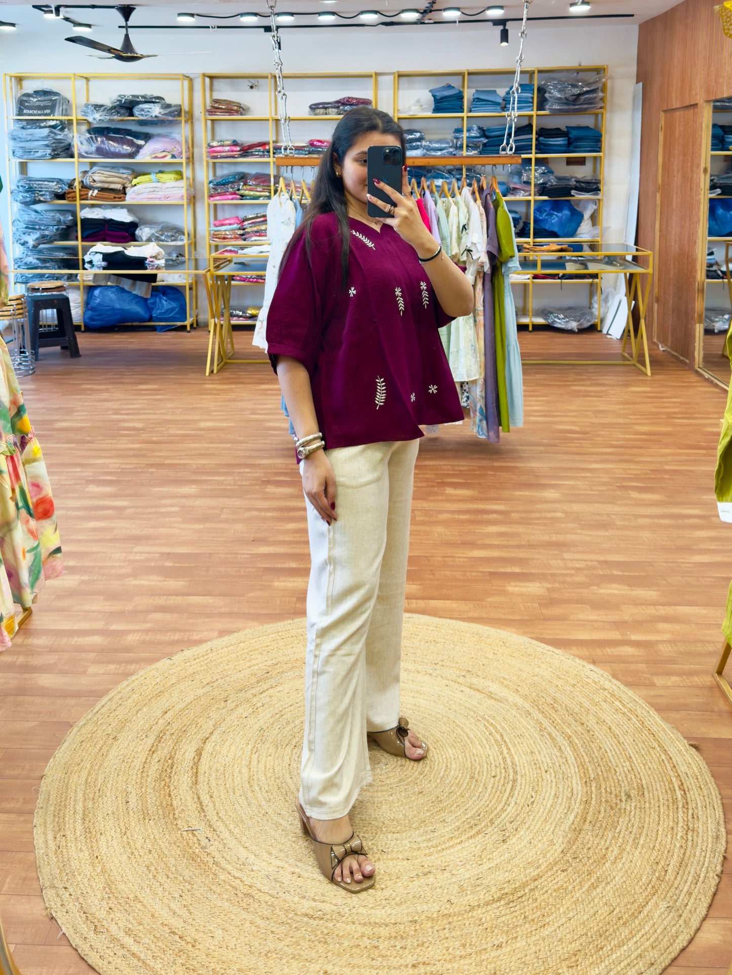CASUAL WINE SHADE EMBROIDER TOP WITH LINEN  PANT SET