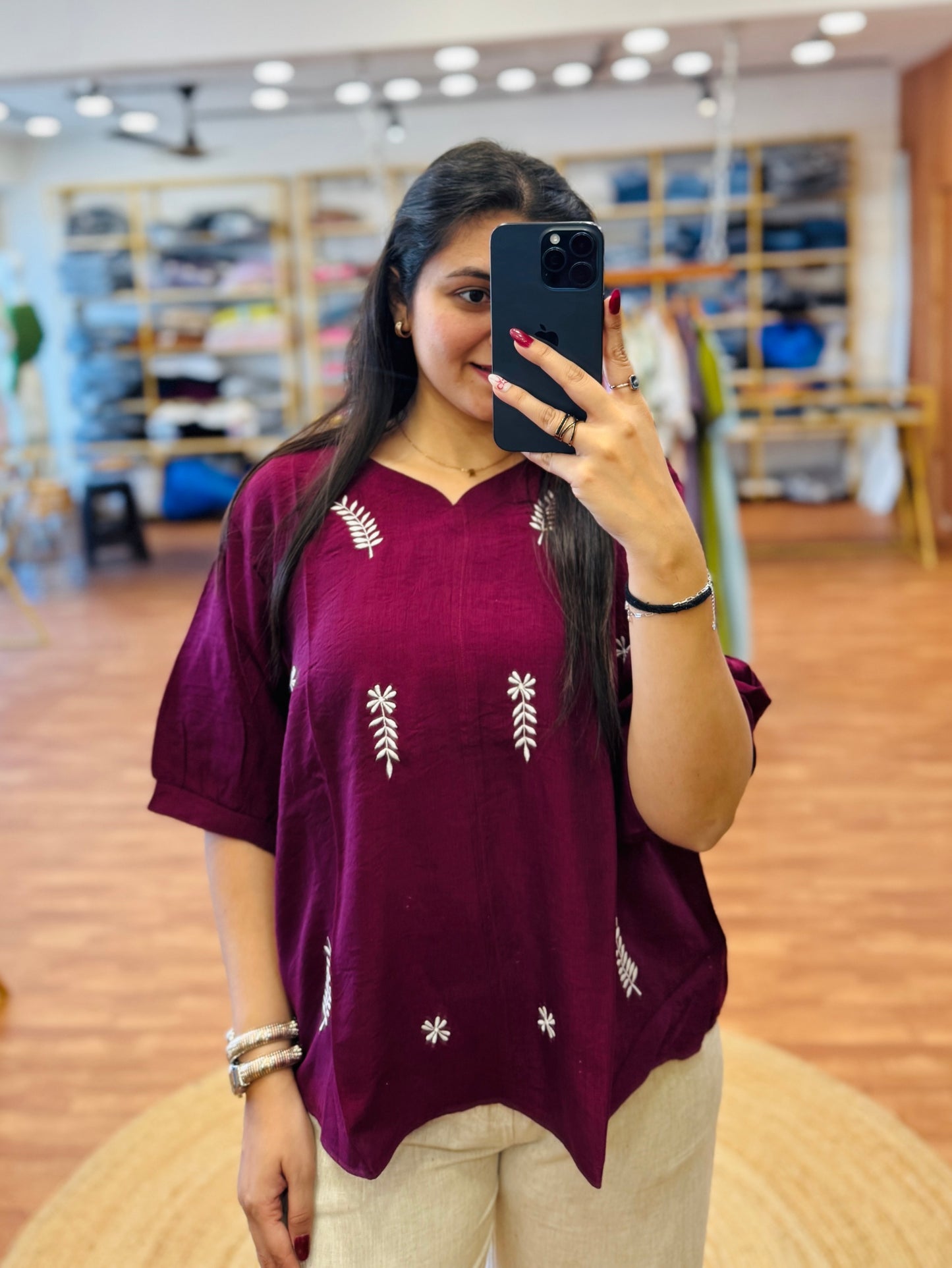 CASUAL WINE SHADE EMBROIDER TOP WITH LINEN  PANT SET