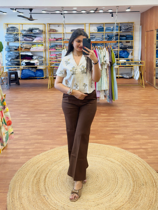 EMBROIDERY BLEZZER COLLAR TOP WITH BELL BOTTOM TROUSER PANT SET