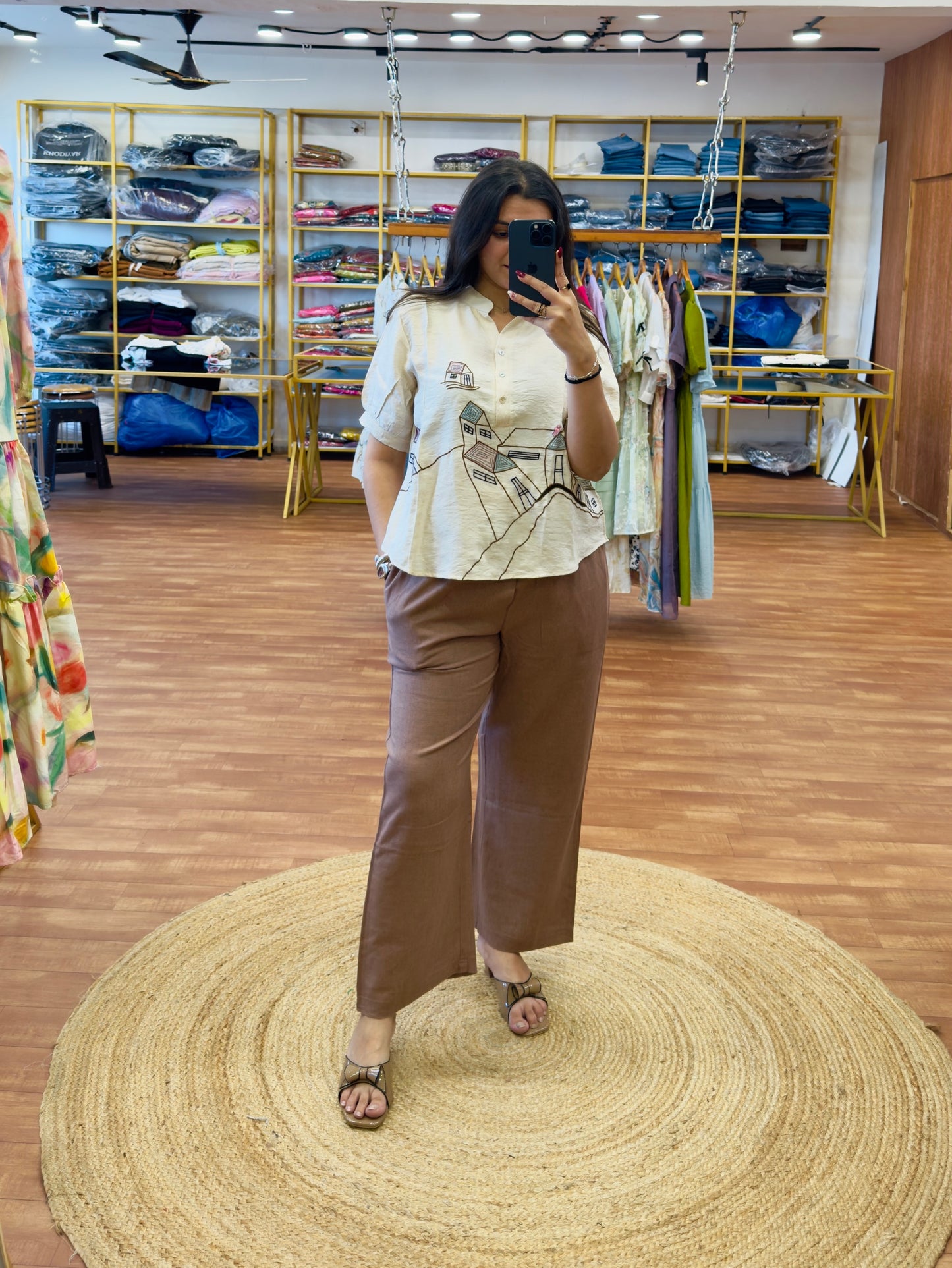 OFF WHITE SHADE EMBROIDERY TOP  WITH LINEN PANT SET