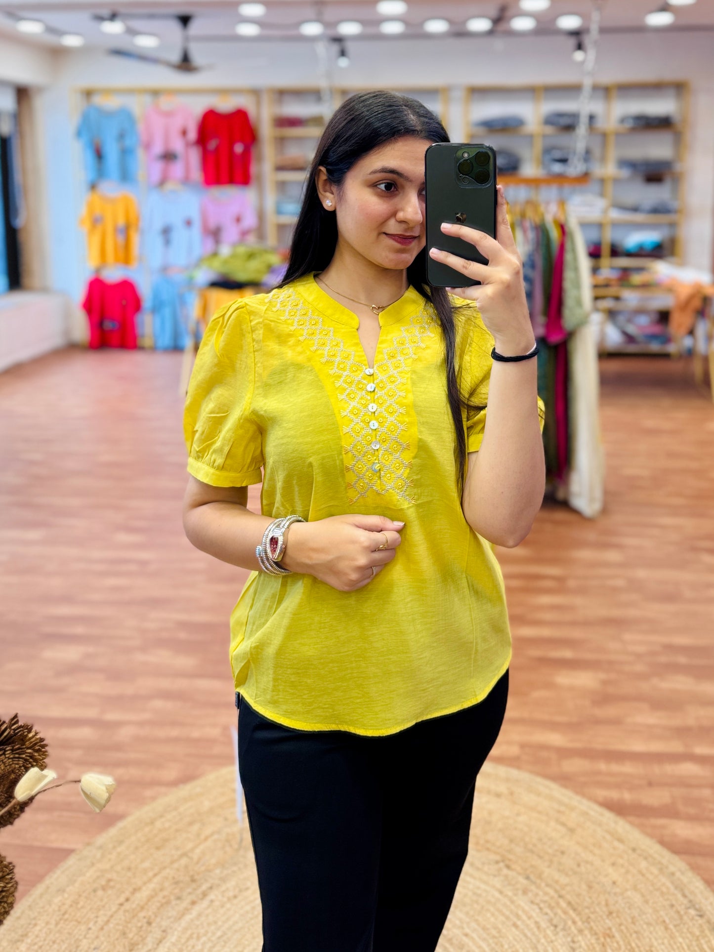 LEMON YELLOW EMBROIDERY TOP WITH STRAIGHT TROUSER PANT SET