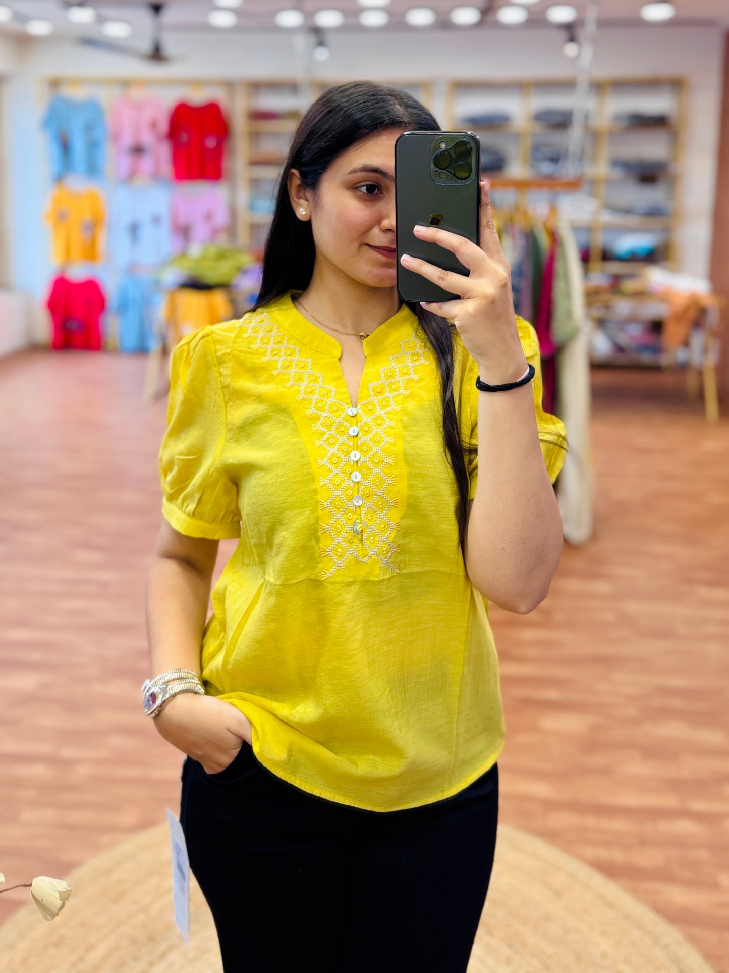 LEMON YELLOW EMBROIDERY TOP WITH STRAIGHT TROUSER PANT SET