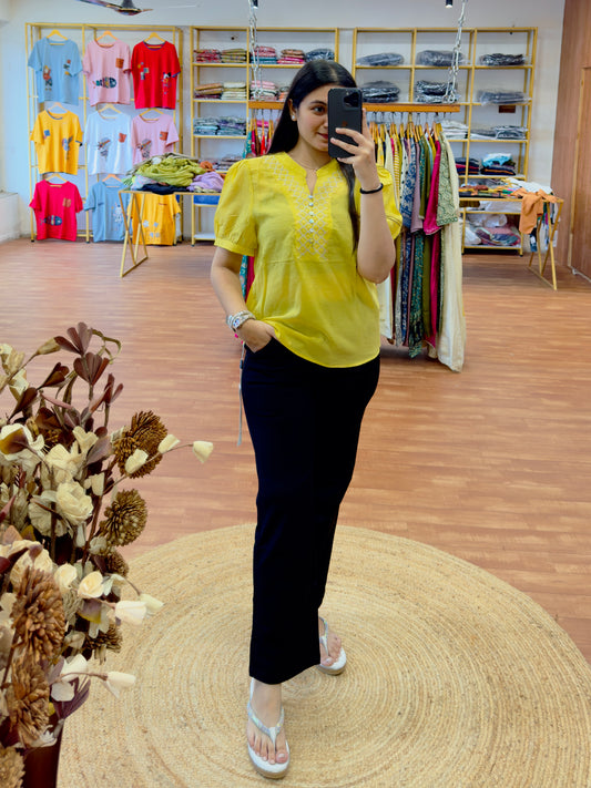 LEMON YELLOW EMBROIDERY TOP WITH STRAIGHT TROUSER PANT SET