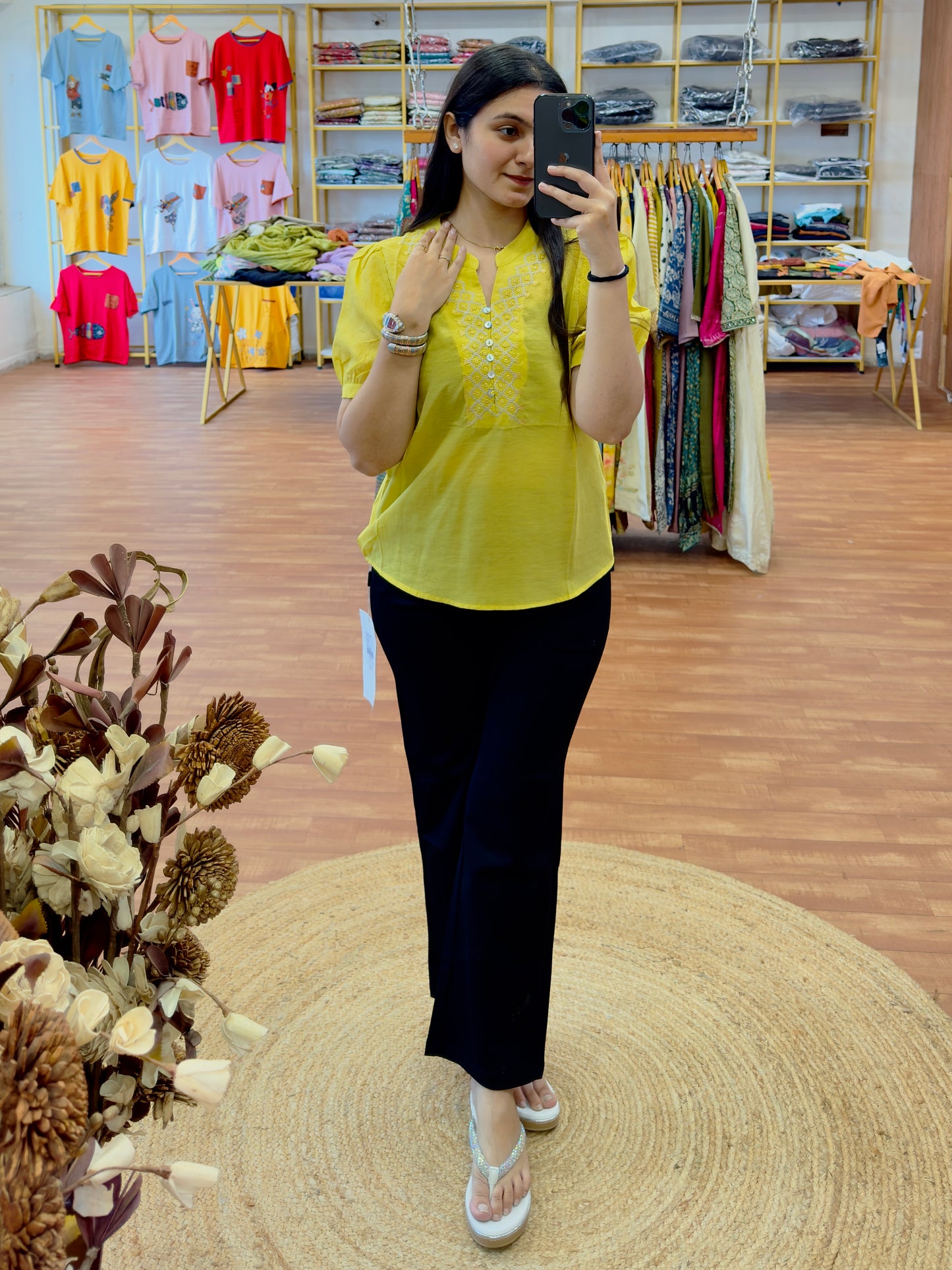 LEMON YELLOW EMBROIDERY TOP WITH STRAIGHT TROUSER PANT SET
