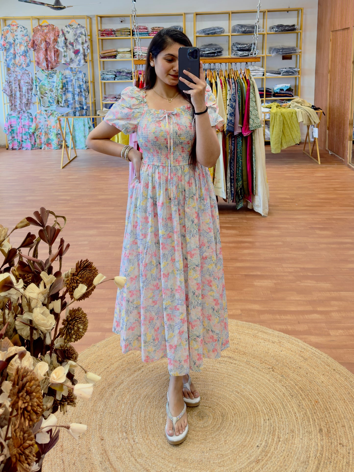 PRINTED LONG BACK SMOCKING WESTERN DRESS