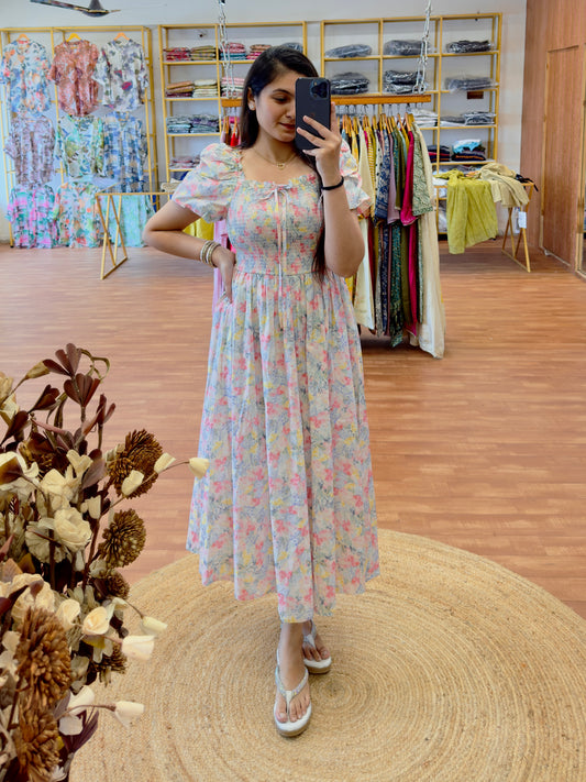 PRINTED LONG BACK SMOCKING WESTERN DRESS