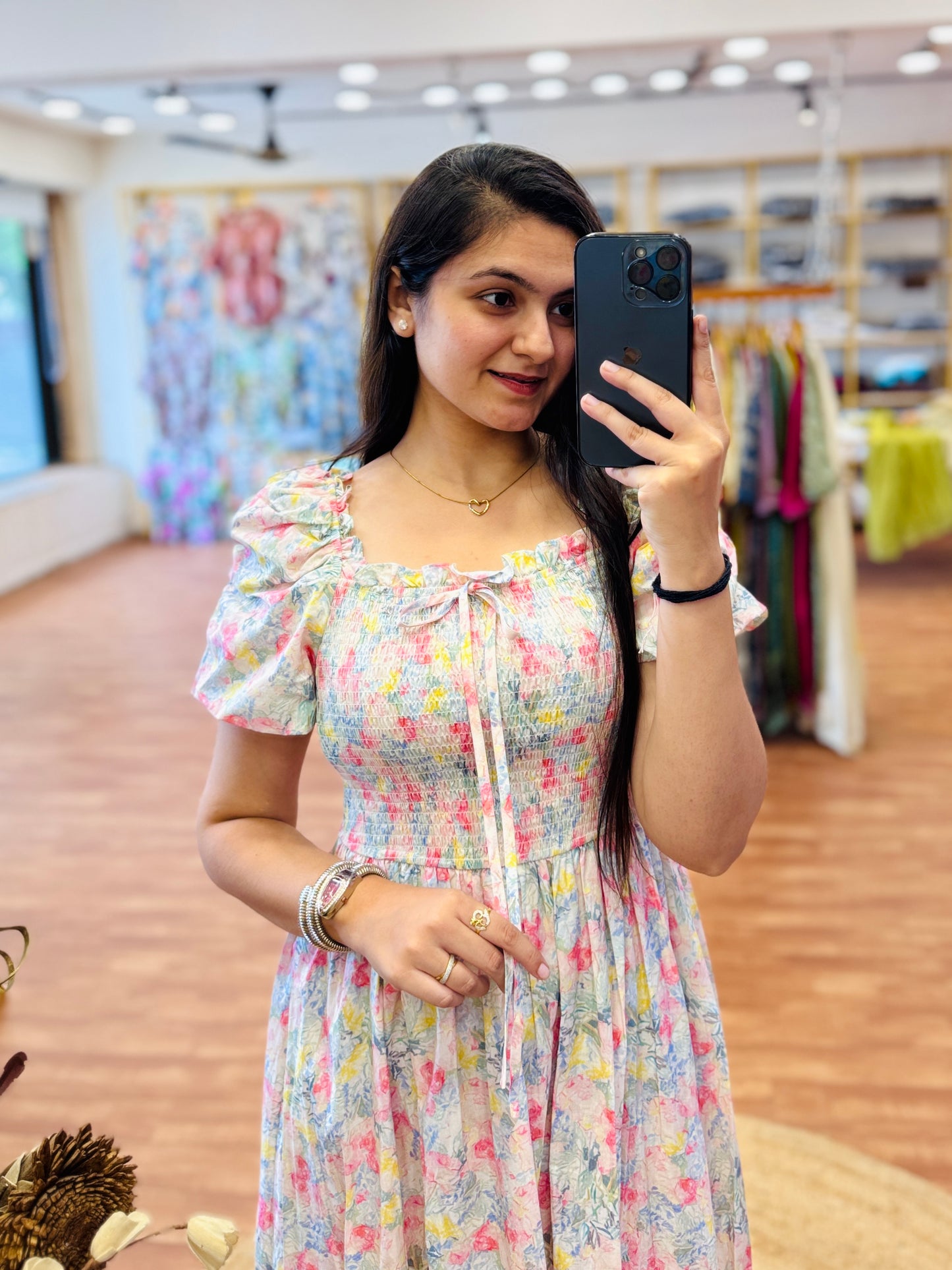 PRINTED LONG BACK SMOCKING WESTERN DRESS