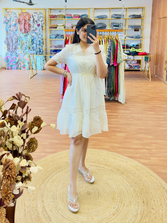 OFF WHITE NECK EMBROIDERY KNEE LENGTH WESTERN DRESS