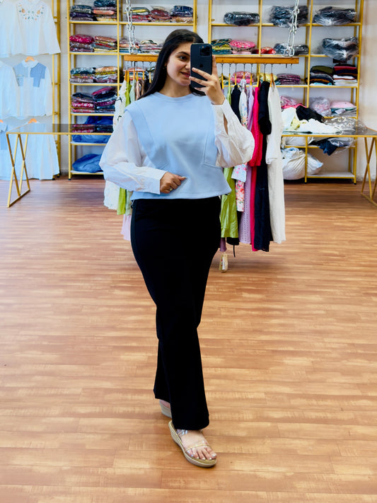 POWDER BLUE SEMI SWATE SHIRT TOP WITH BELL BOTTOM TROUSER PANT SET