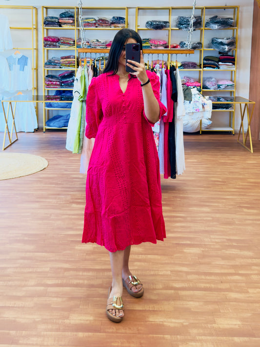 HOT PINK CHICKEN EMBROIDERY COTTON DRESS