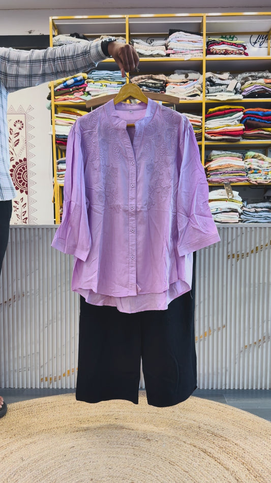 LILAC COTTON EMBROIDERY TOP WITH LINEN PANT SET