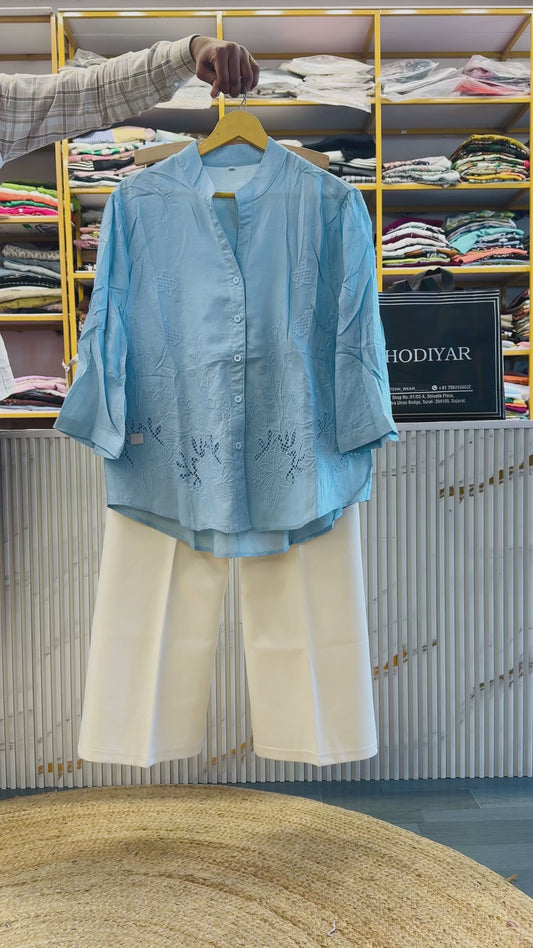 EMBROIDERY COTTON TOP WITH BELL BOTTOM TROUSER  PANT SET