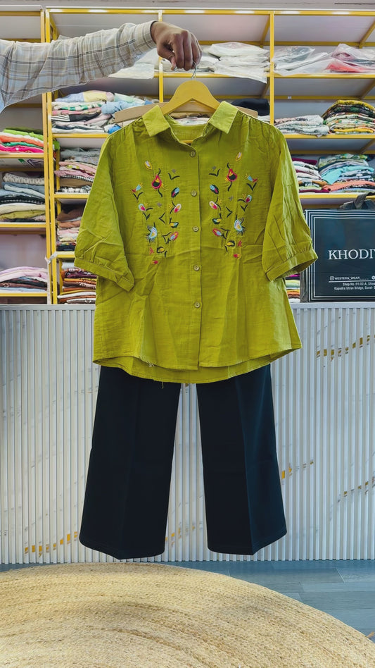 PARROT GREEN MUL COTTON EMBROIDERY SHIRT WITH BELL BOTTOM TROUSER  PANT SET