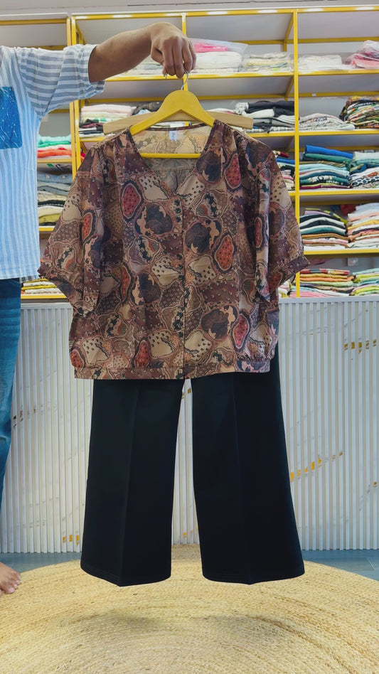 PRINTED PURE SHIFFON TOP WITH BELL BOTTOM TROUSER PANT SET