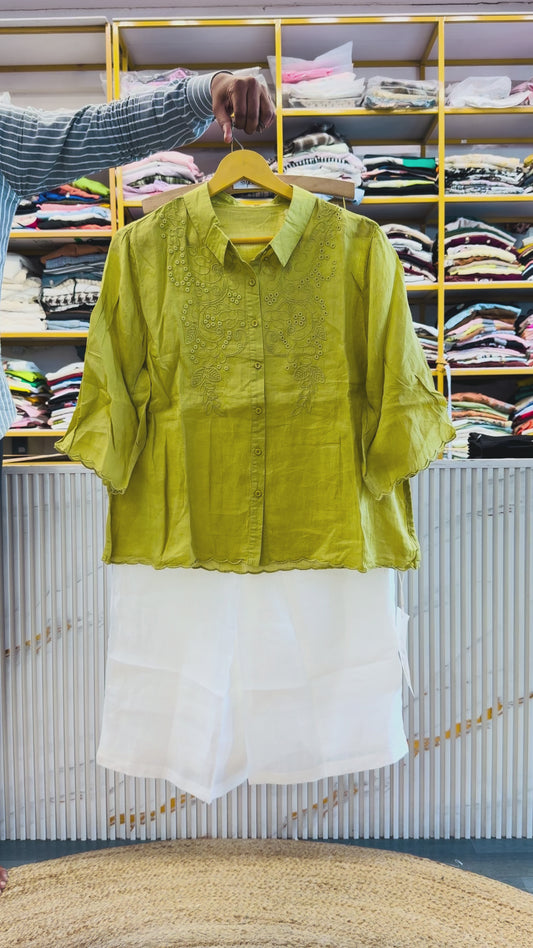 PISTA GREEN EMBROIDERY TOP WITH LINEN PANT SET