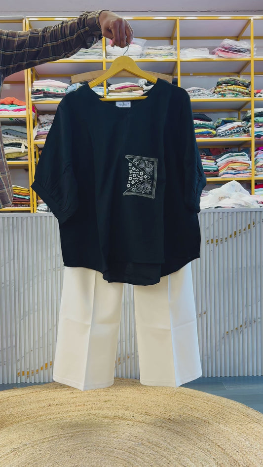 BLACK EMBROIDERY TOP WITH BELL BOTTOM TROUSER PANT SET