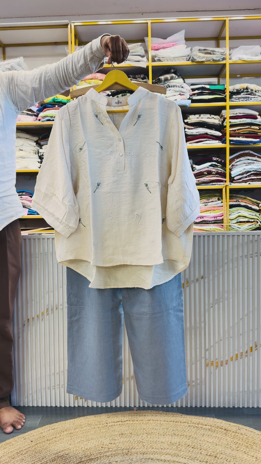 OFF WHITE EMBROIDERY CASUAL TOP  WITH LINEN PANT SET