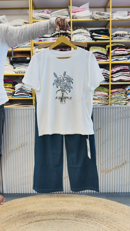 WHITE PRINT CASUAL TSHIRT WITH SOFT DENIM PANT SET