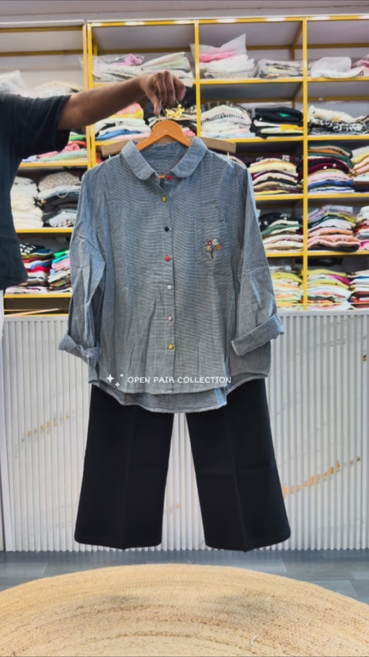 SMALL CHEX EMBROIDERY SHIRT WITH BELL BOTTOM PANT SET