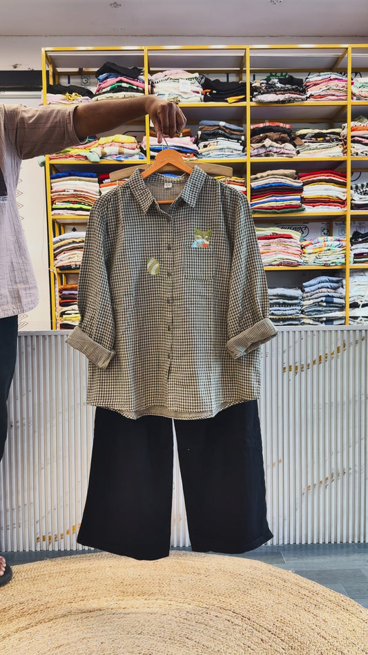 CHEX EMBROIDERY MUL COTTON SHIRT  WITH LINEN PANT SET