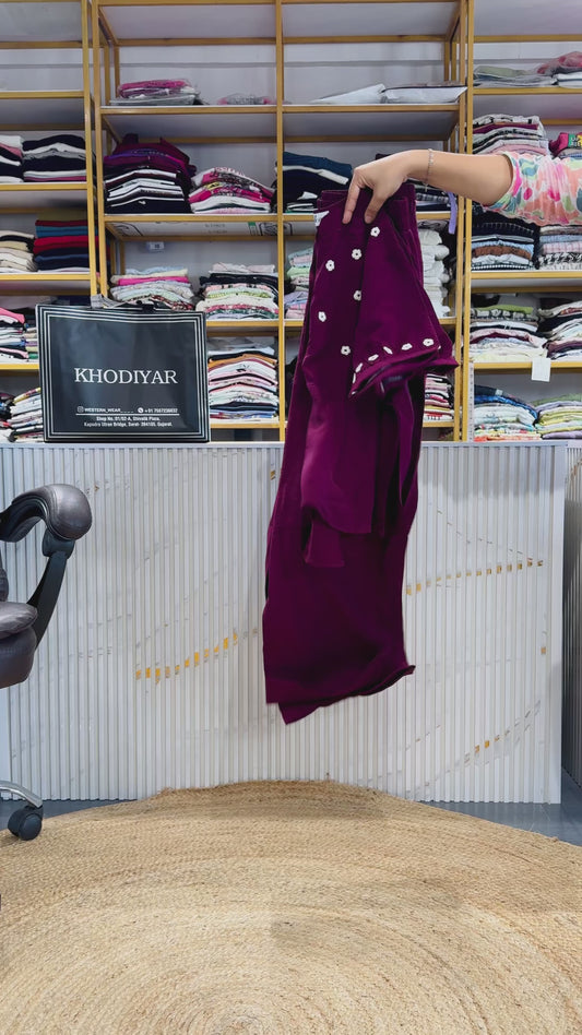 WINE FLOWER EMBROIDERY TOP PANT COORD SET